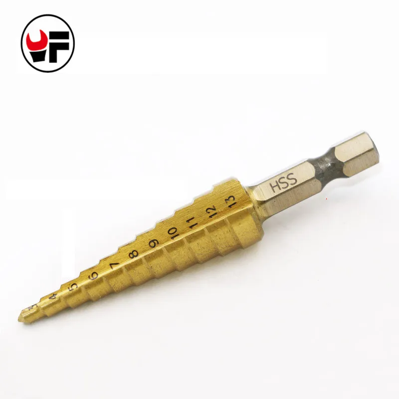 

Hot Sale 1pcs 3-13mm HSS 4241 Titanium Coated Stepped Cone Drill Hex Shank Tool Wood Metal Drilling Power Tools Metalwork DZ102