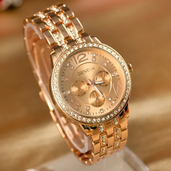 

relojes mujer 2016 New Famous Brand Gold Crystal Geneva Casual Quartz Watch Women Stainless Steel Dress Watches Clock Relogio
