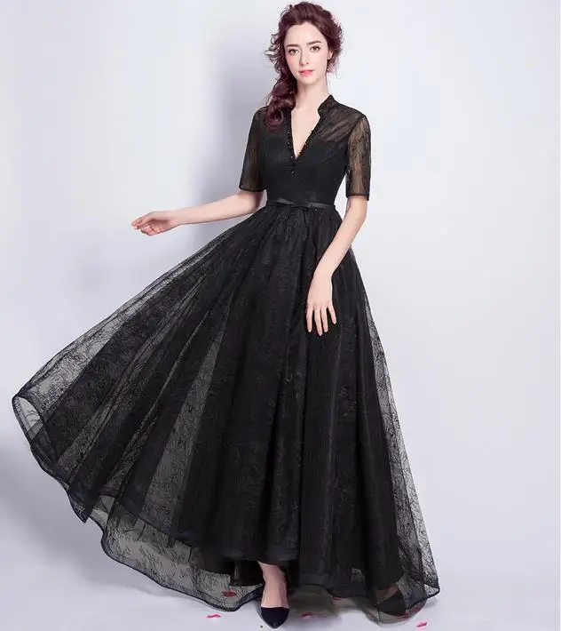 Ruthshen черные вечерние платья кружевной рукав до локтя сексуальный v-образный вырез длинное недорогое платье для выпускного вечера Женские вечерние платья