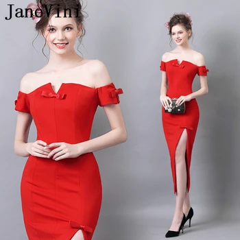 

JaneVini Vestidos Simple Red Mother of the Bride Dresses Mermaid Boat Neck Zipper Back High Split Satin Evening Gowns Tea-Length