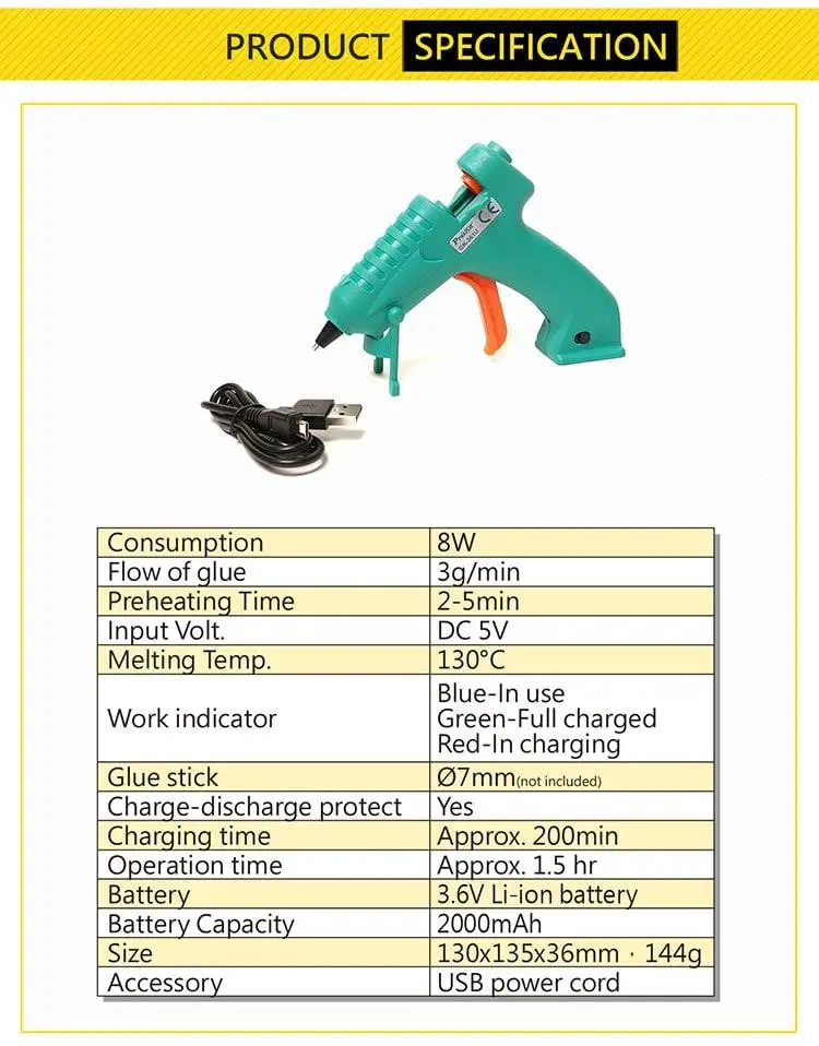 Pro'sKit GK-361U 3,6 V 2000mAh 8W USB Li-Ion DIY термоклеевой пистолет клеевые палочки для дома DIY и производитель