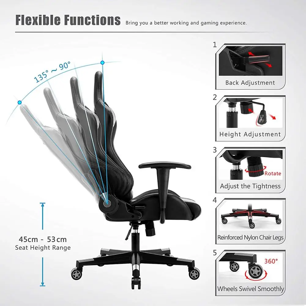 Computer Chair PU Gaming Chair Racing Office Chair with Headrest&Lumbar Cushion 135 Degree Reclining Angle