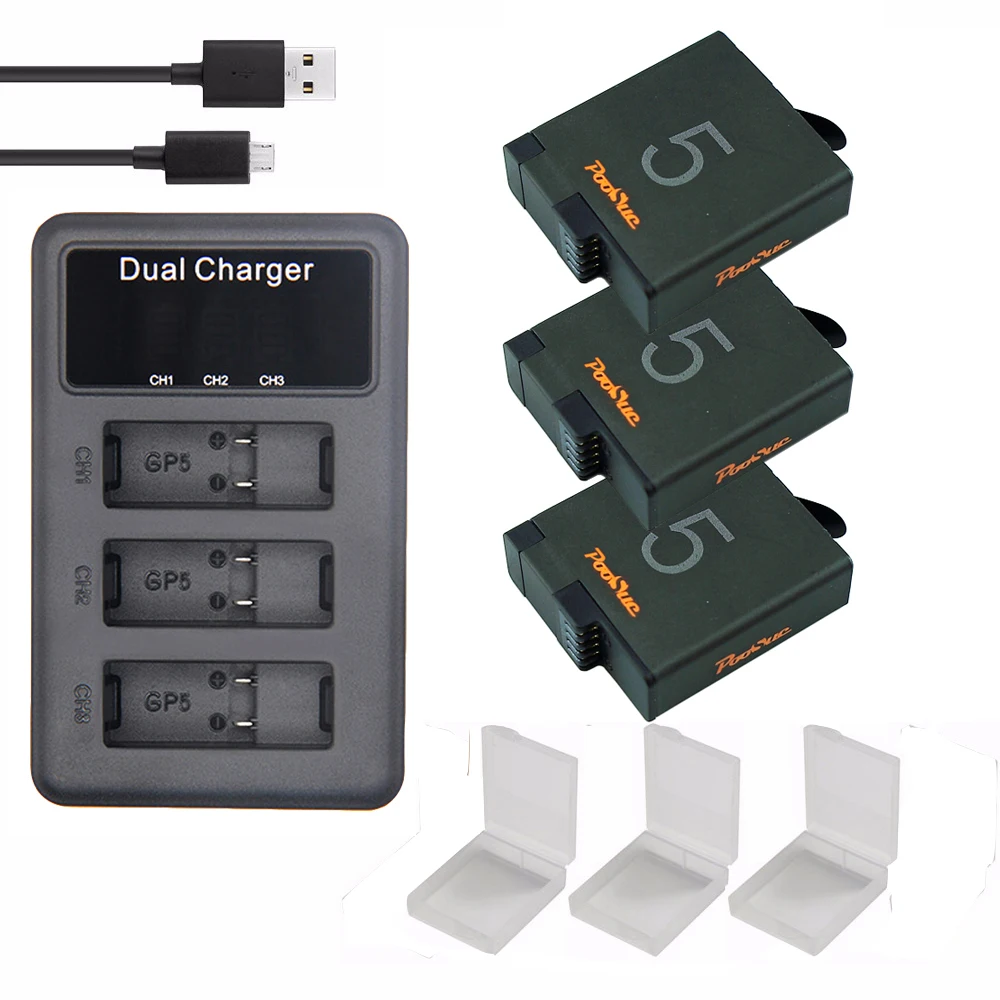 3batteries charger 3x Аккумулятор для GoPro Hero 7 черный аккумулятор+ тройной светодиодный зарядное устройство для GoPro 8 6 5 черный Go Pro Hero 7 аккумулятор - Цвет: 3batteries charger