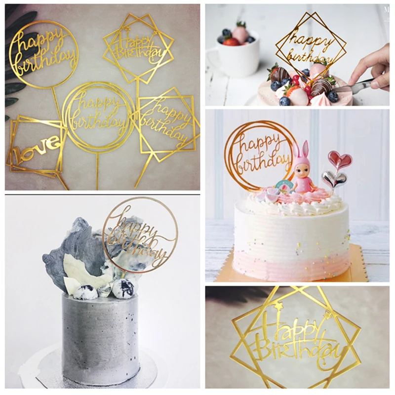 

1Pc Acrylic Mix Shape Pink Love Moon Star Round Happy Birthday Cake Topper for Party Birthday Decoration Dessert lovely Gifts