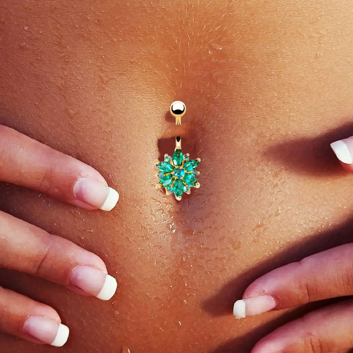 

1PC New Stainless Steel Green Flower Crystal Navel Bars Gold Belly Button Ring Navel Piercing Jewelry
