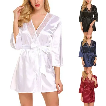

sleepwear dress Long-sleeved straps sexy lace nightdress Sexy Wrap Dress Silky Satin Belt Nightwear sleepwear Women Hot selling