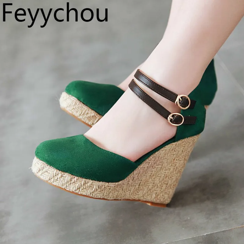 Women's Pumps Super High Heels Shoes Round Toe Wedges Buckle Platform 2019 Sexy New Fashion Party Green Gray Big Size 34-43 Women's Pumps Super High Heels Shoes Round Toe Wedges Buckle Platform 2019 Sexy New Fashion Party Green Gray Big Size 34-43