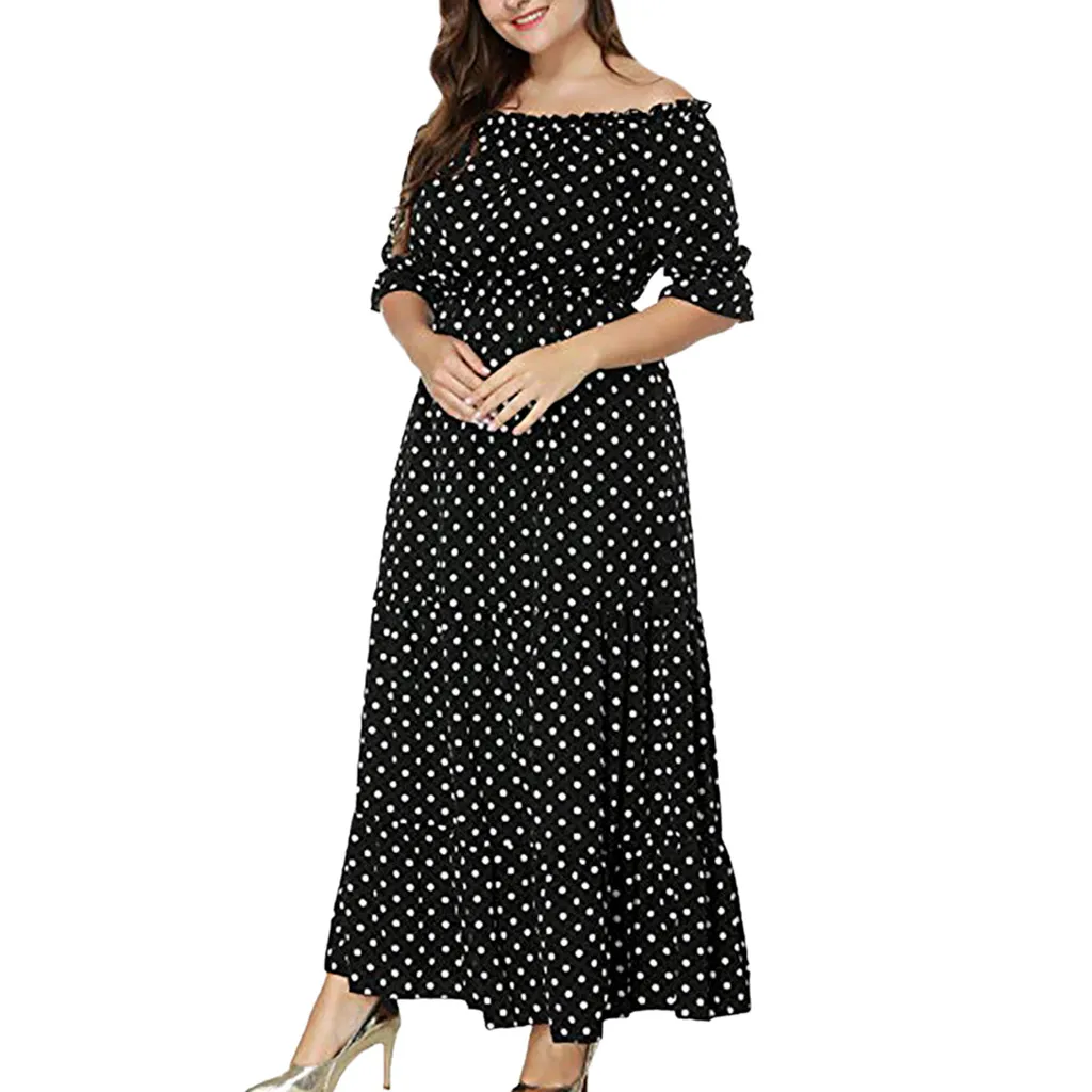 Womail, XL-5XL, женское Макси платье размера плюс, Vestidos, с открытыми плечами, в горошек, с принтом, богемные, длинные, вечерние платья для девушек, платья JL19 Vestidos