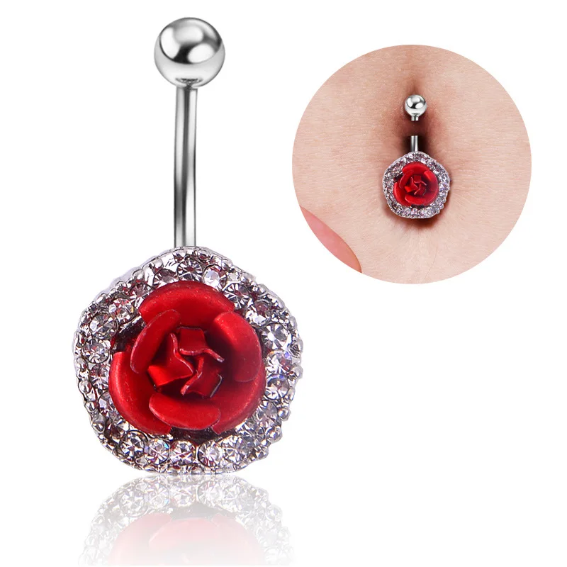 1PC 316L Medical Steel Beauty and The Beast Red Rose Umbilical Ring Rhinestone Colors Body Jewelry  bell button Navel Rings