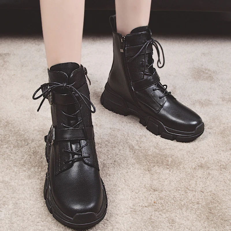 

Moxxy 2018 Punk Leather Ankle Boots Women Winter Boots Bandage Waterproof Hiking Creeper Vintage Rivet Combat Army Shoes Women