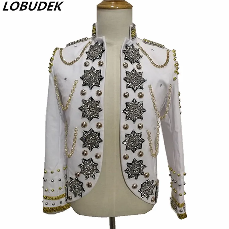 Men White Beading Chain Jacket Sparkly Rhinestones Rivet Coat Punk Singer Rock Costume