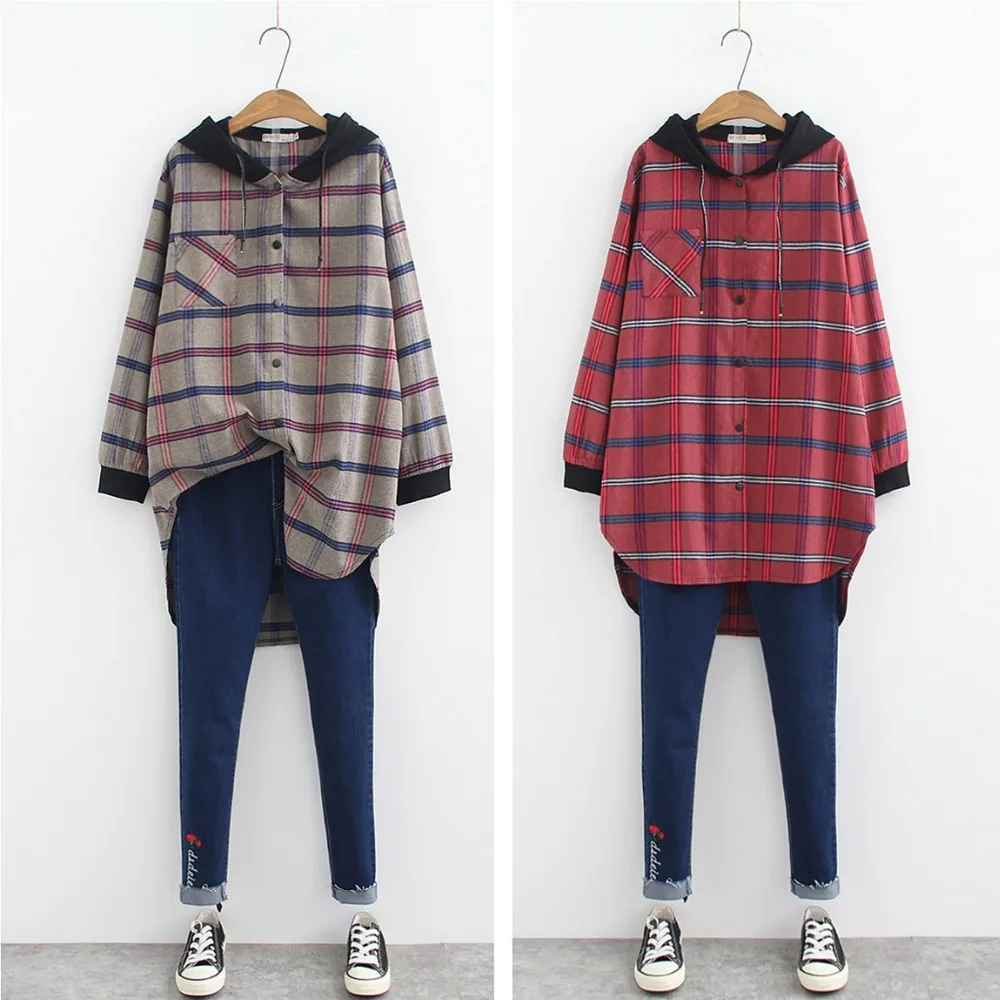 

Ubetoku 2019 Winter Spring women long blouse ladies plaid hooded shirts plus size young women clothing