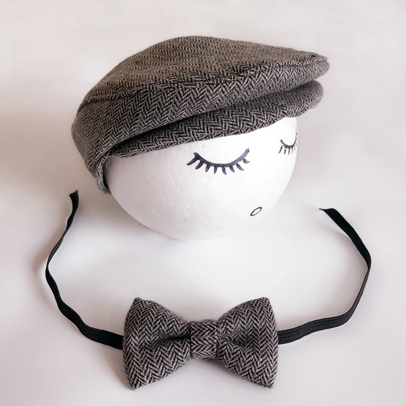 Детская шапочка для новорожденных, шапка с галстуком-бабочкой, реквизит для фотосъемки, кепки для мальчиков, шапки для новорожденных, аксессуары для фотосъемки - Цвет: Black Gray
