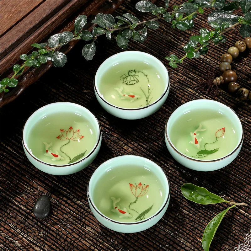 2 шт./лот Longquan Celadon чайная чашка ручная роспись пейзаж узор маленькие чайные чаши