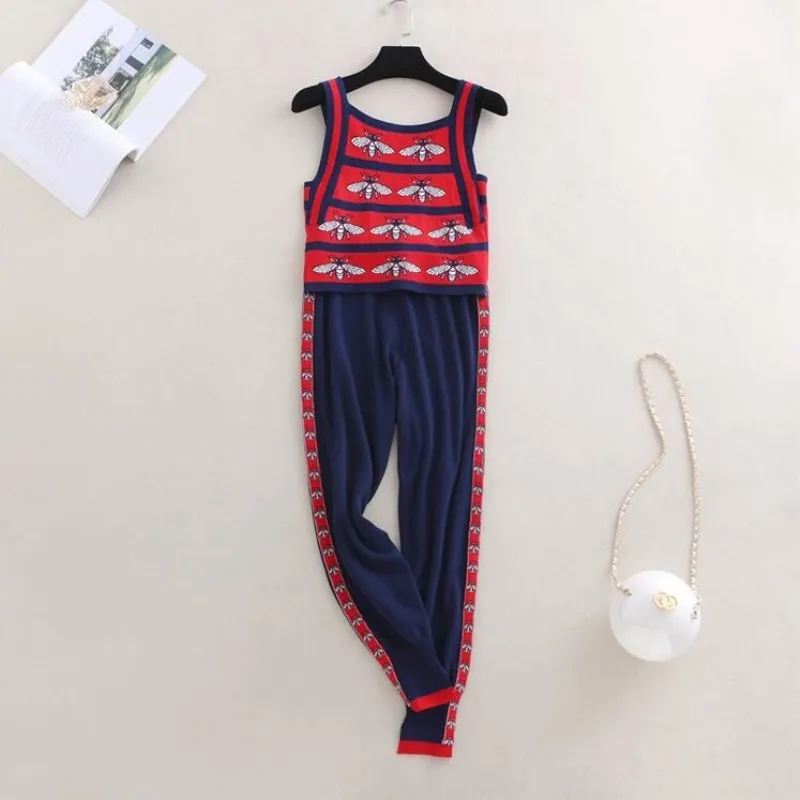 Runway 2 Piece Set Fashion Women's Suit 2018 New Knitting Bees Stripes Sleeveless Crop Top Tank Harem Pants Suit TracksuitJJ-053 Women's Sets