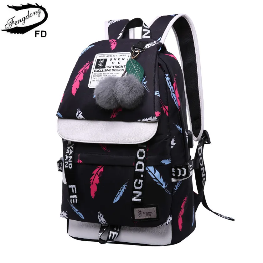 Рюкзаки fengdong для детей, школьные сумки для девочек-подростков, школьный рюкзак с принтом перьев, Детская сумка, детский рюкзак для ноутбука - Цвет: C6