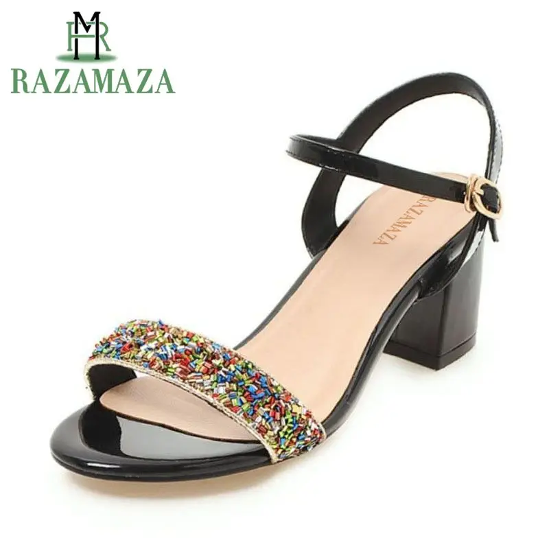

RAZAMAZA Women High Heel Sandals Real Leather Thick Heel Buckle Open Toe Shine Women Sandals Fashion Party Footwear Size 34-42