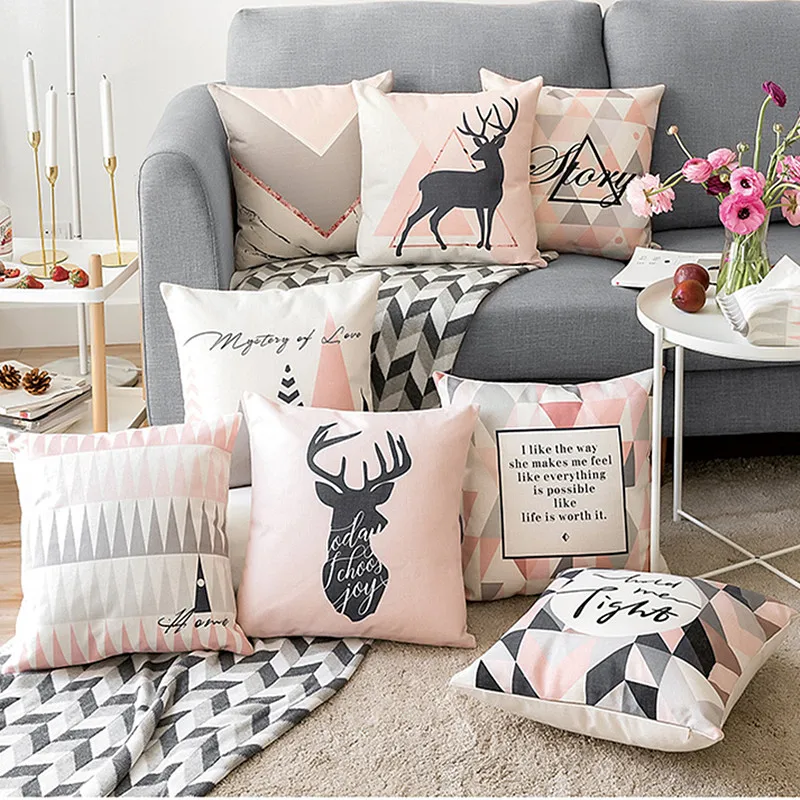 

Pink Grey Nordic Deer Cushion Cover Home Decor Geometric Pillow Cover Home Decor Pillowcase Decorative Pillowsham 45x45cm
