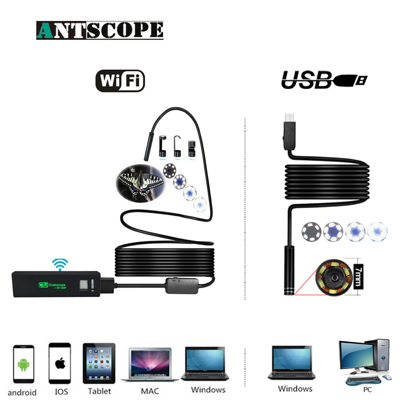 

Antscope Wifi 8mm Endoscope 2/3.5/5/10M Hardwire Waterproof 1200P Android iOS 7mm Softwire USB Camera Inspection boroscopio 19