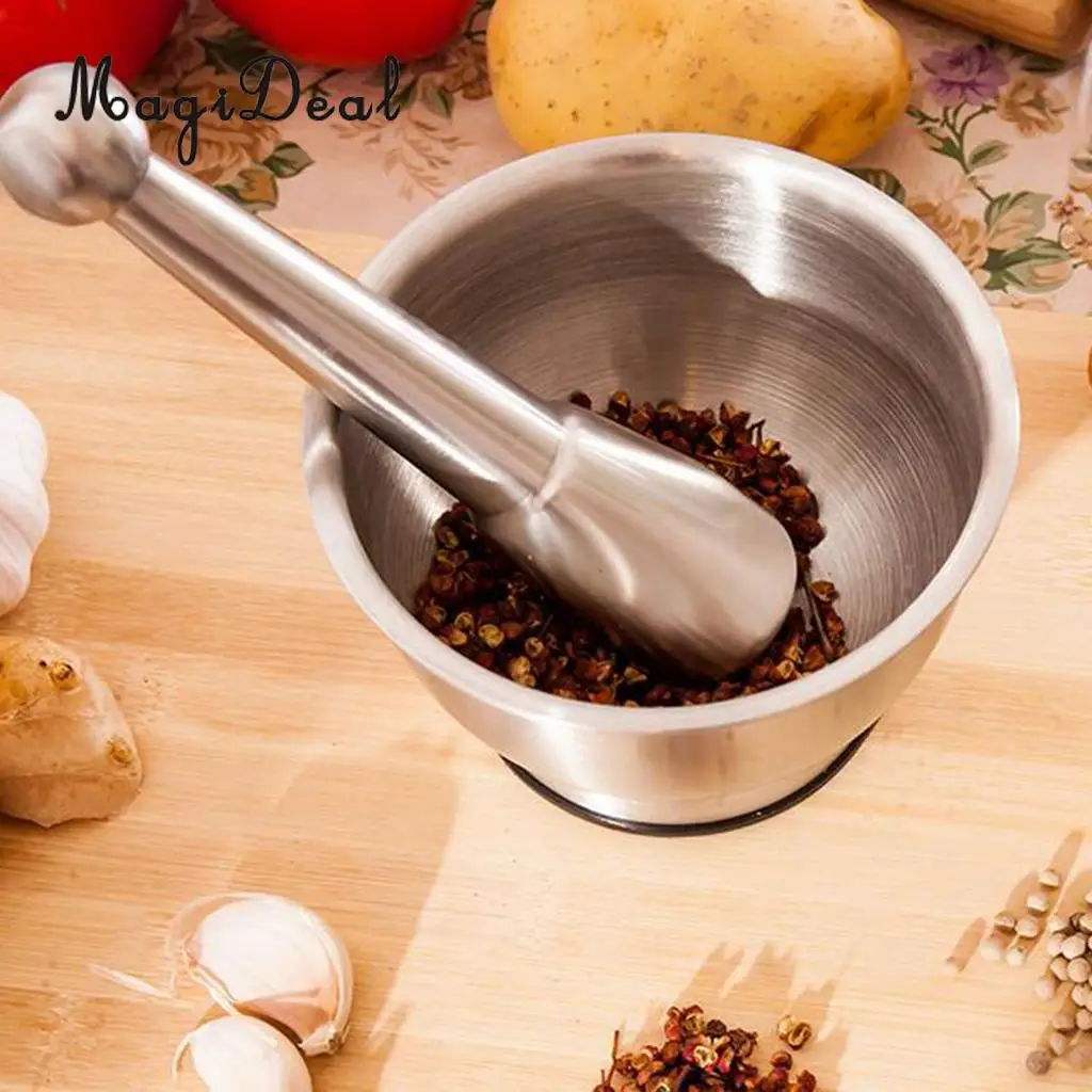 Amagogo Stainless Steel Mortar & Pestle Hand Crusher Garlic Spice Herb Grinder Bowl