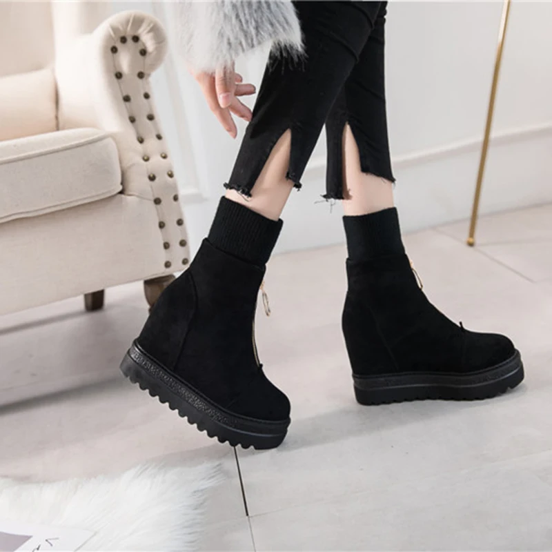 

2019 Spring Plush Warm Women Platform Zipper Sock Ankle Boots Female Fashion Elegant Quality Suede Casual Wedges Black Shoes