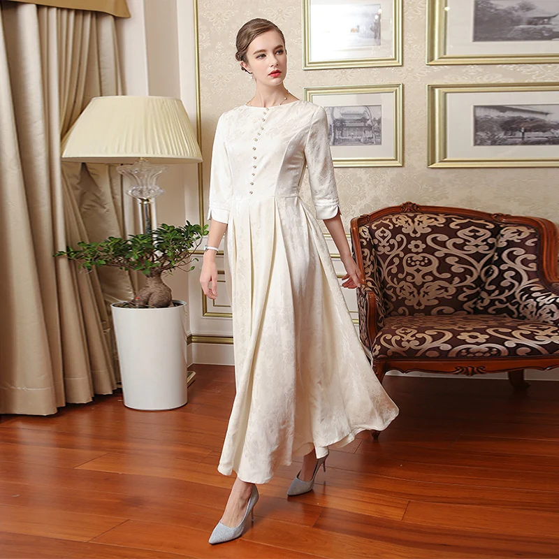 VOA тяжелое шелковое жаккардовое перламутровое Расшитое бисером свободное платье белого размера плюс 5XL с бантом и поясом винтажное женское Плиссированное длинное платье макси A7765