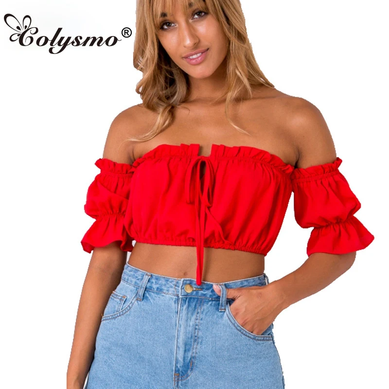 

Colysmo Crop Top Women Summer Top Cropped feminino Tank Top Red Off Shoulder Shirt Tube Bandeau Summer Tops For Women 2018 Camis