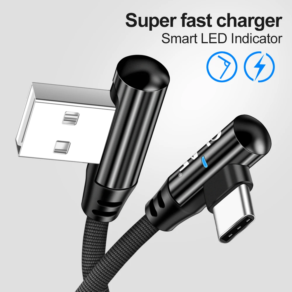 أولاف USB نوع C كابل 90 درجة 3A سريع شحن بيانات نوع-C لسامسونج S9 S10 زائد Xiaomi mi8 mi9 الهاتف المحمول USB C كابل