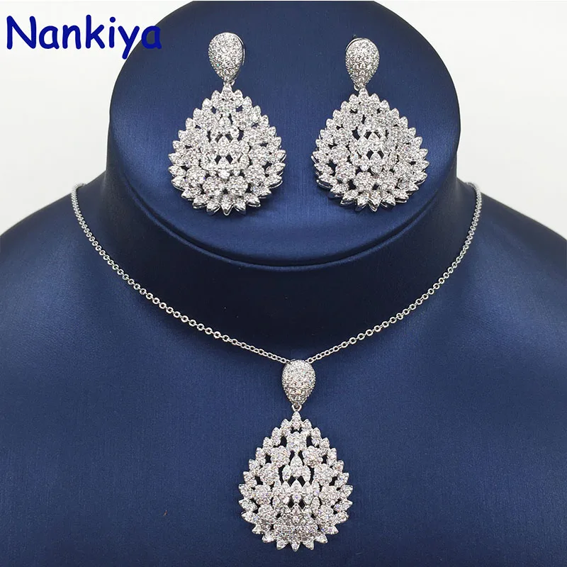 Nankiya Brilliant New Zirconia Pendant Earring Set Big Water Drop Shape Classic 2PCS Women Jewelry Set Factory Price NC681 - Metal color: white gold
