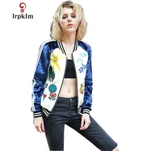 Новая мода женщин; s весна осень короткие куртки дамы повседневная куртка с аппликациями женщин бейсбольное пальто бархат PQ313