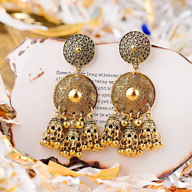 OIQUEI Boho Винтаж Jhumka Заявление Большие колокольчики кисточкой Висячие серьги для женщин этнические круглые резные brincos цыганские индийские ювелирные изделия