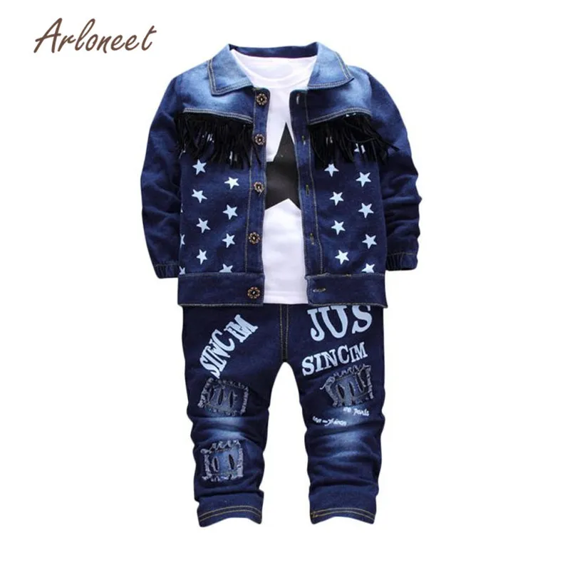 

ARLONEET Infant Baby Kids Girls Boys Letter Denim Coat Tops Pants 3Pcs Set Outfit Clothes Long sleeve Cotton blend 0516