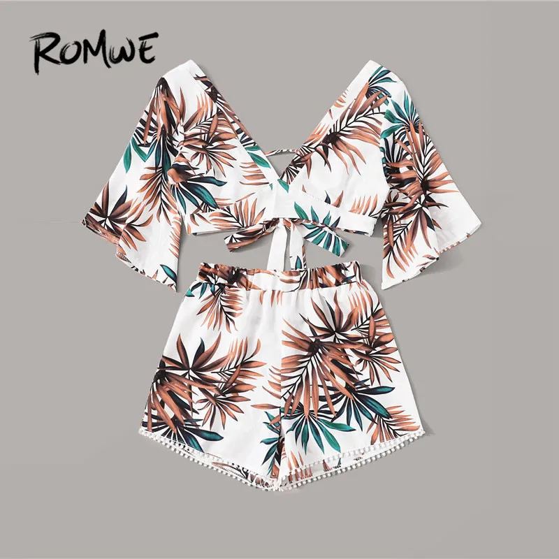 ROMWE/блузка с принтом в виде листьев и шорты с помпонами, комплект из двух предметов, летний топ с v-образным вырезом в стиле бохо, комплекты для женщин