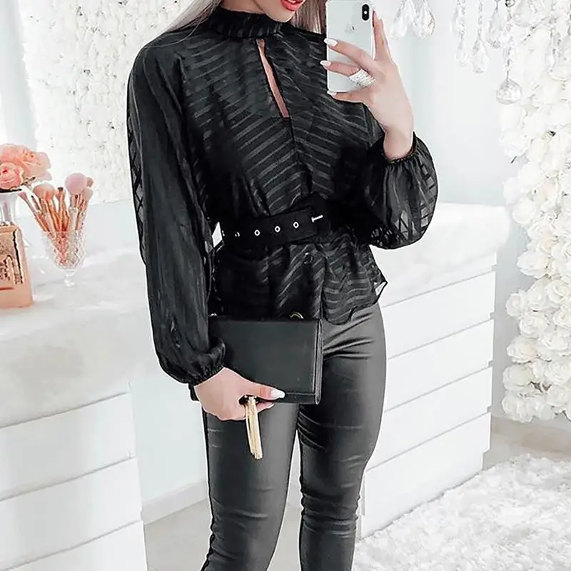 

2019 New Women Stripes Keyhole Front Mesh Blouse Office Lady Mock Neck Long Sleeve Blouse Casual Workwear Tops Blusa De Mujer