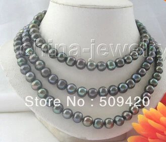 

Free shipping >>@ +>Beautiful 50" 10mm black green round freshwater pearl necklace