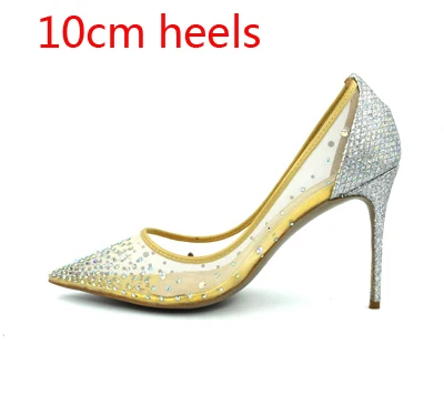 Silver 10cm heels Плюс размеры 34–43 сетки воздуха Crystal Для женщин насосы 8 10 12 см серебряный блеск на высоком каблуке женские туфли на выход - Цвет: Silver 10cm heels