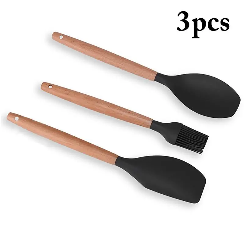  3pcs Baking Utensil Set Wood Handle Silicone Cream Spatula Oil Bread Scraper Brush Spatula Set Baki