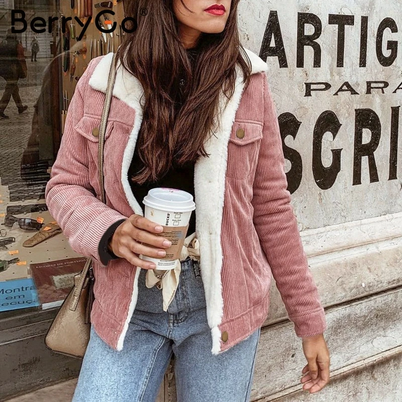 BerryGo Простая вельветовая зимняя куртка женская Простая вельветовая зимняя куртка женская с длинным рукавом из шерсти Куртки теплая куртка женская верхняя одежда пальто - Цвет: Розовый