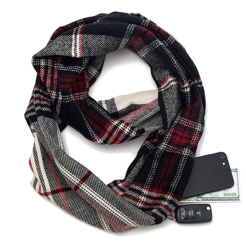 winter Infinity Scarf with Zipper Pocket Women Plaid Warm Cashmere Scarves Female Foulard ladies Shawls Pashmina