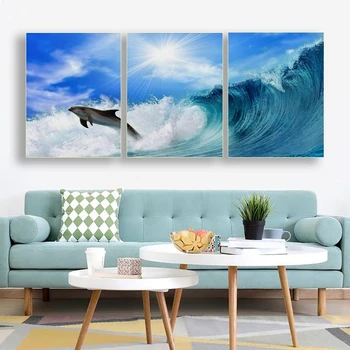 

Laeacco Canvas Calligraphy Painting Abstract 3 Panel Sunshine Fish Wave Poster and Print Wall Art Living Room Home Decor