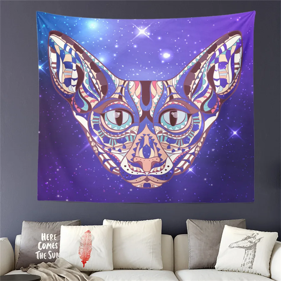 

Boho Tribal Cat Print Tapestry Multi-Color Animal Patchwork Wall Hanging Dreamlike Galaxy Blanket Living Room Wall Carpet