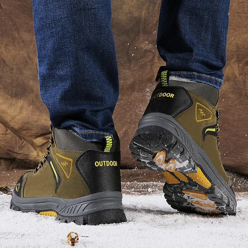 Man Hiking Shoes Plus Size 39-46 Mens Winter Fur Sneakers Army Green Khaki Hunting Boots Comfortable Mountain Shoes Men
