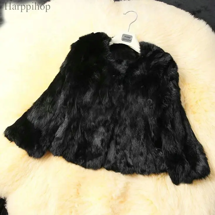 Настоящее кроличье меховое зимнее женское короткое меховое пальто размера плюс, теплое пальто, женская верхняя одежда с круглым вырезом, новая мода - Цвет: black