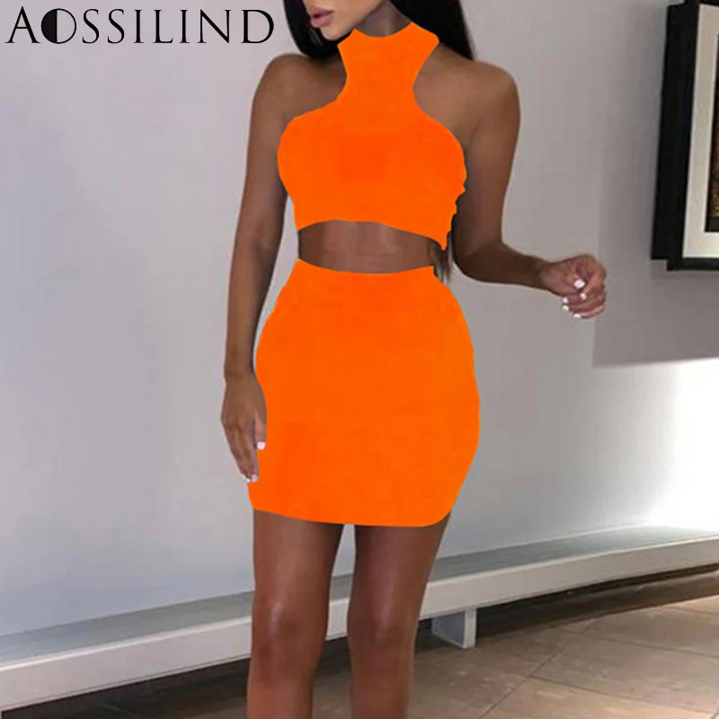 

AOSSILIND Two Piece Bodycon Dress Women Summer Neon Green Orange Off Shoulder Halter 2 Piece Party Club Ribbed Sexy Mini Dresses