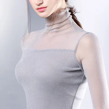 

2018 Women Spring Fashion Slim Silver Elegant Sexy Transparent Silver T Shirt Tops Ladies Casual Ruffled Neck Bottom Shirts Hot