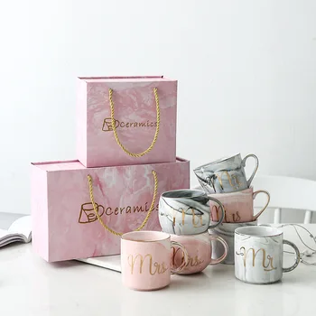 Tazón taza de café de mármol, cerámica, Mr. Mrs, de lujo, rosa, dorado, para bodas, parejas, enamorados, taza de regalo, taza de porcelana para té de la leche