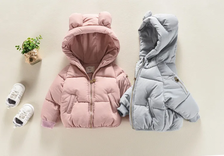 DFXD/ г. Зимняя куртка для маленьких девочек Новая модная детская плотная однотонная верхняя одежда на молнии с капюшоном, детское пуховое пальто высокого качества розовый, синий
