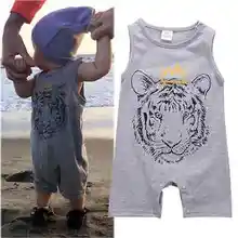 Хлопковая одежда для новорожденных мальчиков детские комбинезоны с рисунками тигра, комбинезон, Летний комбинезон с рукавами для маленьких мальчиков 0-24 месяцев, серый цвет
