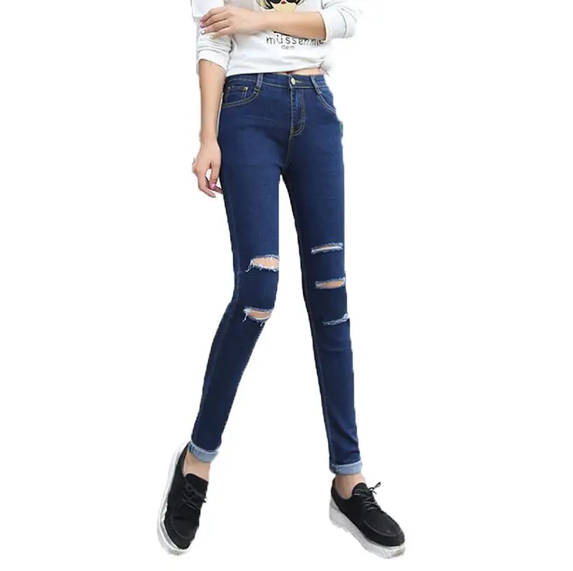 2017 Cotton High Elastic Jeans Woman Skinny Hole Pencil Pants Slim Ripped High Waist Jeans for