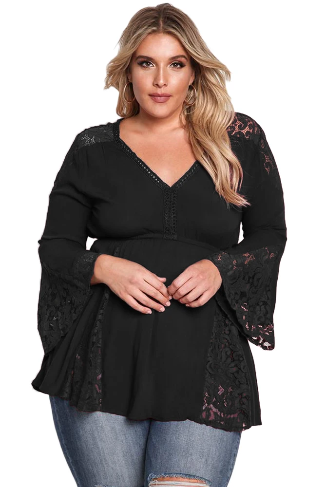 Black-V-Neck-Lace-Insert-Bell-Sleeves-Babydoll-Plus-Top-LC250871-2-1